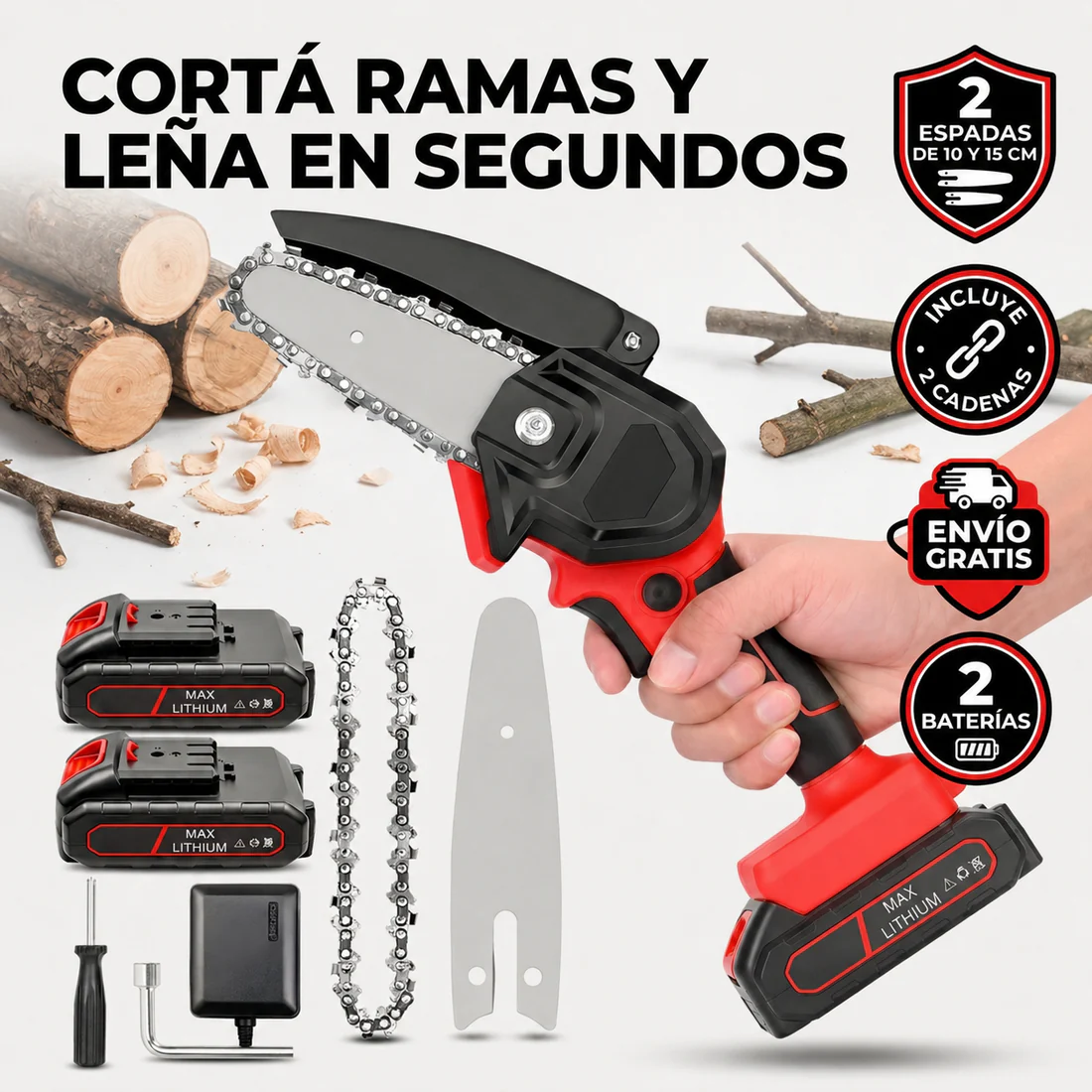Mini Motosierra Portátil 24V — 2 Baterías + 2 Espadas + 2 Cadenas